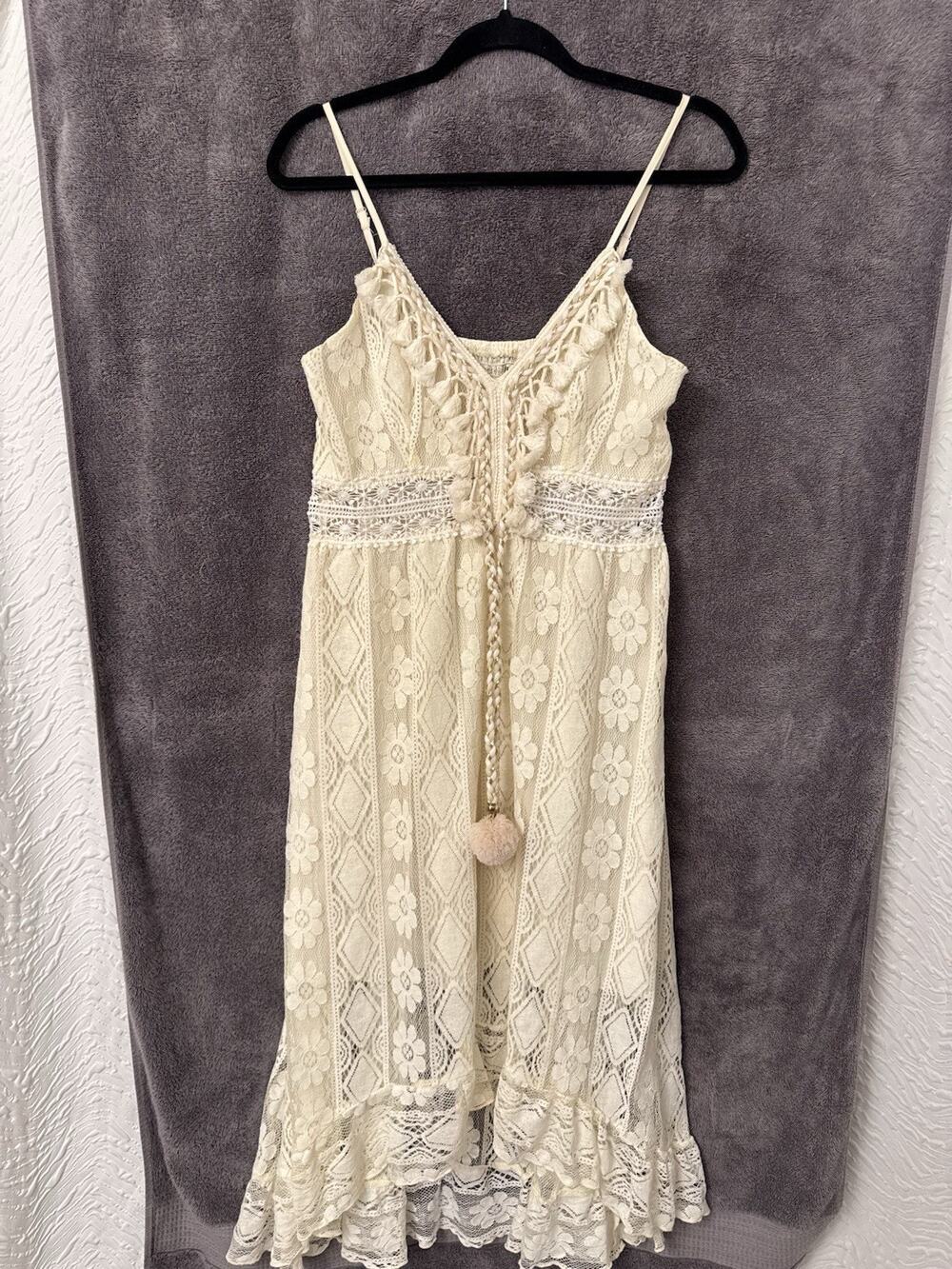 Cream Bohemian Dress Boho Floral Lace Crochet Pom Pom High Low Neutral Resort